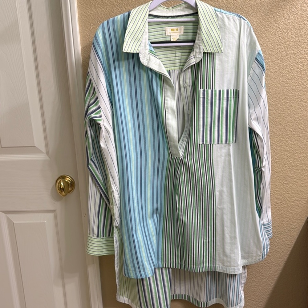 Blue and Green Casual Button Down tunic shirt